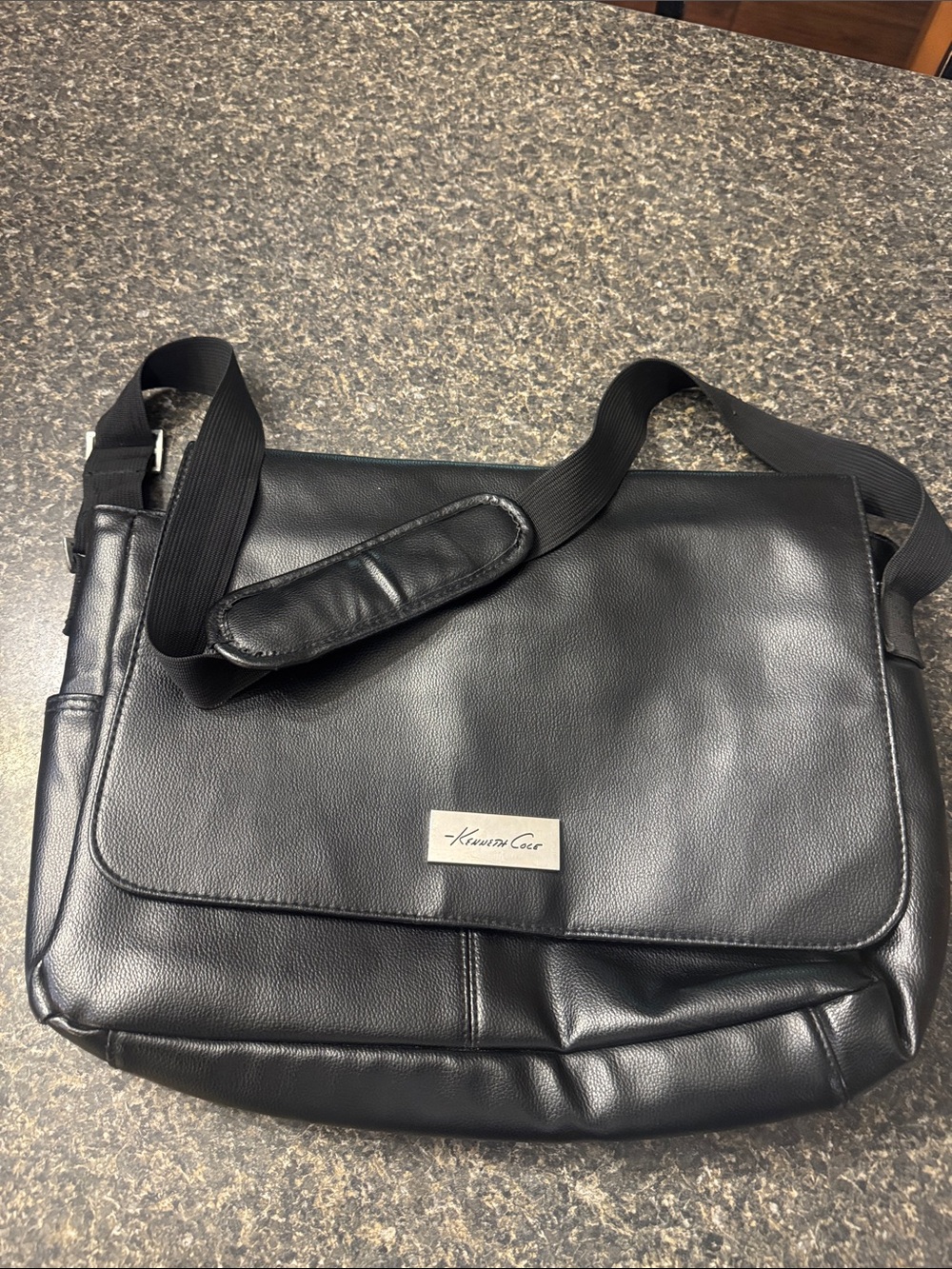 Kenneth Cole Black Faux Leather Messenger Bag with Adjustable Strap